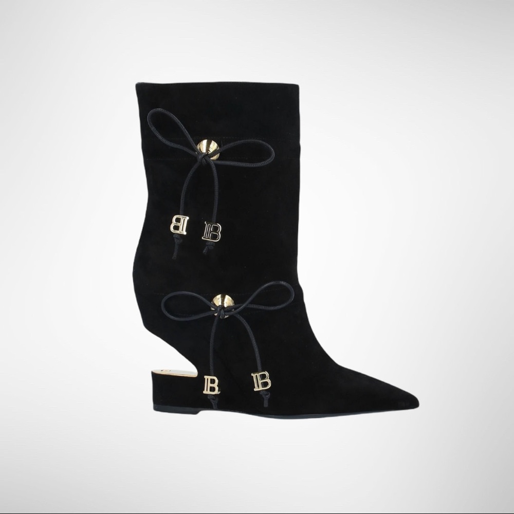 Balmain Maya suede ankle bootie gold cutout heel wedge 38.5 8.5